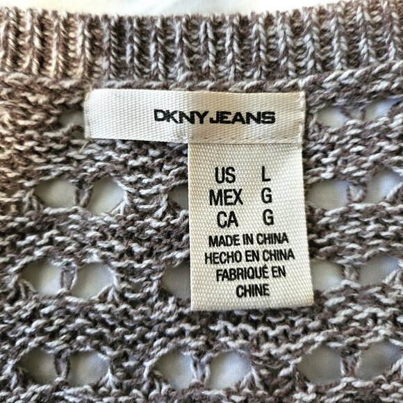 DKNY Button Front Knit Crocheted Cardigan Long Sleeve Taupe Sweater Size Large - Picture 6 of 7